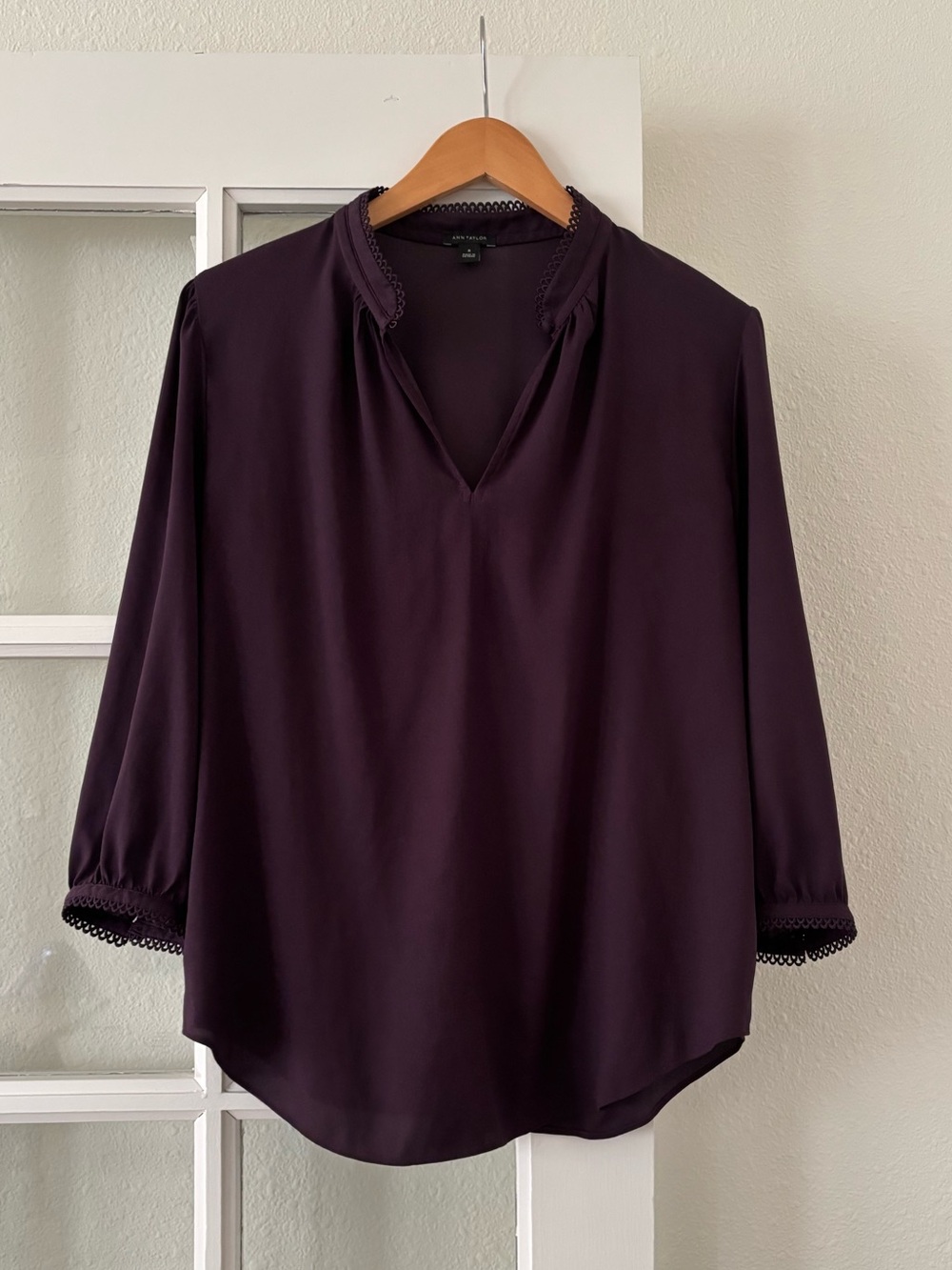 Ann Taylor Plum Split-Neck Blouse with Lace Trim
